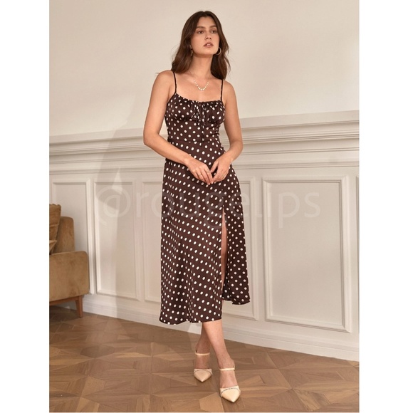 NWT - French Style Polka Dot Brown Midi Dress Leg Slit - Picture 6 of 16